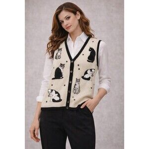 Vintage Cat Sweater Vest Blair Button Knit Grandma Style Cottagecore